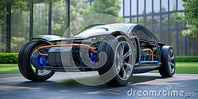 Cuttingedge Electric Car Showcasing Ecofriendly Powertrain And Connection To Power Source Stock Photo