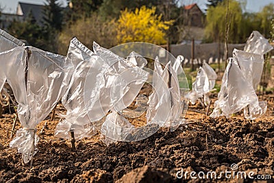 Cuttings of apple trees in orchard garden with protective bag Stock Photo