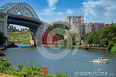 Cuyahoga River bridges and speedboat Stock Photo