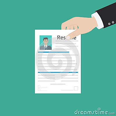 Cv concept resume with photo, documents. Employment recruitment. Searching professional staff. CV application. Selecting staff. Vector Illustration