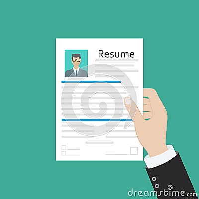 Cv concept resume with photo, documents. Employment recruitment. Searching professional staff. CV application. Selecting staff. Vector Illustration