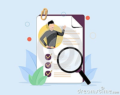 CV curriculum vitae as employee resume for job vacancy flat tiny person concept. Recruitment HR process with candidate. Stock Photo