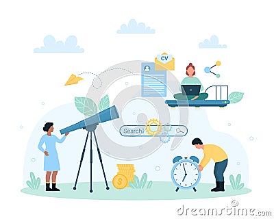 CV and job search, tiny people research and find resume of talent employee with telescope Vector Illustration