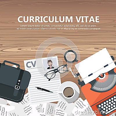 CV papers on desk with lap top, bag, papers. coffee, glasses, pen, document and magnifying glass Vector Illustration