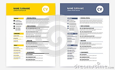 CV / Resume design template form yellow and dark blue - Vector Illustration