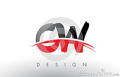 CW C W Brush Logo Letters with Red and Black Swoosh Brush Front Vector Illustration