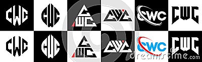 CWC letter logo design in six style. CWC polygon, circle, triangle, hexagon, flat and simple style with black and white color Vector Illustration