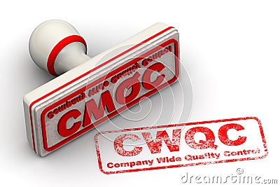 CWQC. Company Wide Quality Control. Seal and imprint Cartoon Illustration
