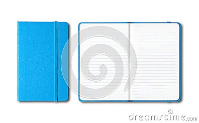Cyan blue closed and open lined notebooks isolated on white Stock Photo