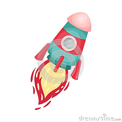 Cyan And Red Rocket With Porthole Launched Into Space Vector Illustration Set Cartoon Character Vector Illustration