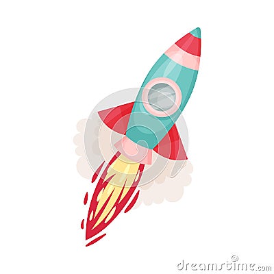 Cyan Rocket With Porthole Launched Into Space Vector Illustration Set Vector Illustration