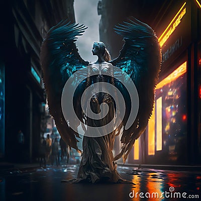 A cyber angel walking in the alley of futuristic sci fi city Cartoon Illustration