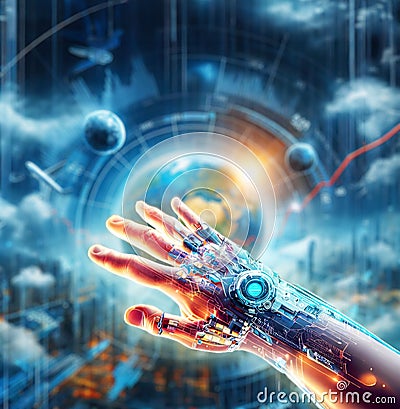 Cyber Arm with implanted technological chips in cyberspace Stock Photo