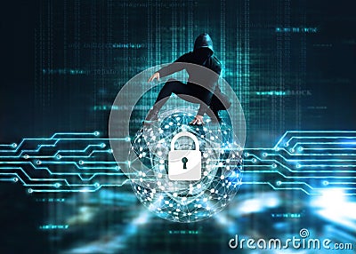 Cyber Attack concept, Cyber crime hacker on circle global network Businessman checking stock market data on tablet at night backgr Stock Photo