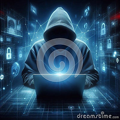 Cyber attack and cyber security concepts. Abstract hacker with laptop on technological dark background. Generated AI Cartoon Illustration