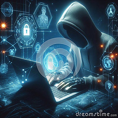 Cyber attack and cyber security concepts. Abstract hacker with laptop on technological dark background. Generated AI Cartoon Illustration