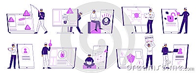 Cyber attack, database hacking and phishing, internet criminals. Online cyber crime, hacker characters steal personal data flat Vector Illustration