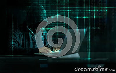Cyber Attack Hacker using computer with code on interface digital dark background. Security System and Internet crime concept. Stock Photo
