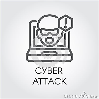 Cyber attack line icon. Virtual hacking PC, laptop and software linear label. Face from monitor and exclamation point Vector Illustration