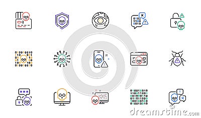 Cyber attack line icons. Phishing risk, Data ransomware and Binary code outline icons. Vector Vector Illustration