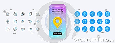 Cyber attack, Sync and Volunteer line icons. For web app, printing. Phone mockup with 3d map pin icon. Vector Vector Illustration