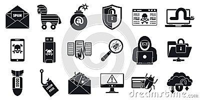 Cyber attack virus icons set, simple style Vector Illustration