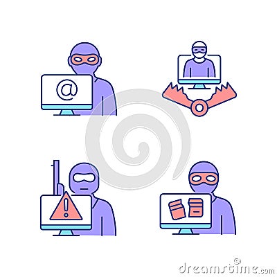 Cyber attacker RGB color icons set Vector Illustration