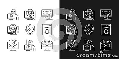 Cyber attacks types linear icons set for dark and light mode Vector Illustration