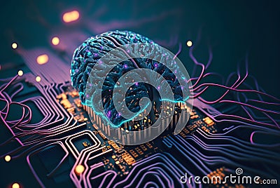 Cyber brain of Artificial Intelligence. Wires and circuit attached. Futuristic synthetic life. Generative AI Stock Photo