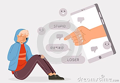 Cyber bullying or abuse from computer. Teenager depression, online socializing problems. Social verbal violence Vector Illustration