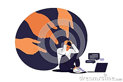 Cyber bullying concept. Depressed man sitting on the floor. Opinion and the pressure of society. Shame. Vector flat Vector Illustration