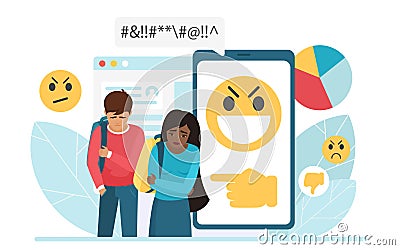 Cyber bullying people vector illustration, cartoon flat sad bullied teen boy and girl surrounded by message bubbles Vector Illustration