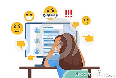 Cyber bullying people vector illustration, cartoon flat sad young bullied girl character sitting in front of computer Vector Illustration