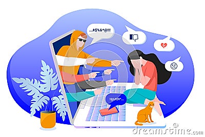 Cyber bullying in social networks and online abuse concept. Vector flat cartoon illustration of upset girl character Vector Illustration