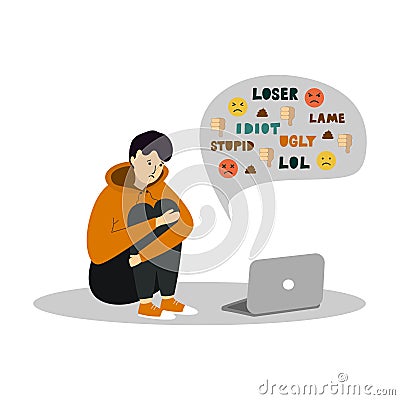 Cyber Bullying. Young teenage boy sitting in front of the laptop on white background. Vector Illustration