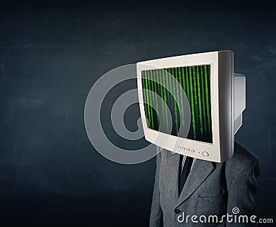 Cyber human with a monitor screen and computer code on the display Stock Photo