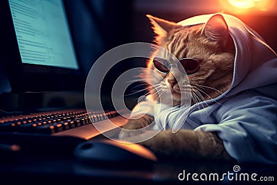Cyber cat. Funny cat in sunglasses working on the laptop in the night. Hacker in hoodie dark theme. AI generated Stock Photo