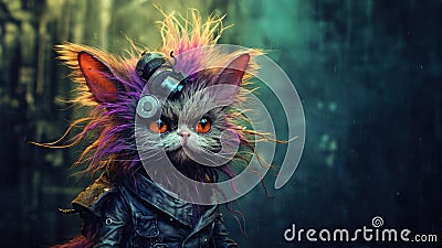 Cyber city future street punk cat with scruffy color dyed matted hair - generative AI Stock Photo