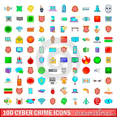 100 cyber crime icons set, cartoon style Vector Illustration