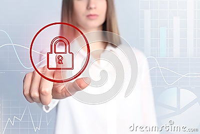 Cyber crime protection. Businesswoman touching digital lock symbol Stock Photo