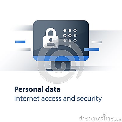 Cyber crime protection, personal data security concept, limited access, computer antivirus, monitor and lock, strong password Vector Illustration