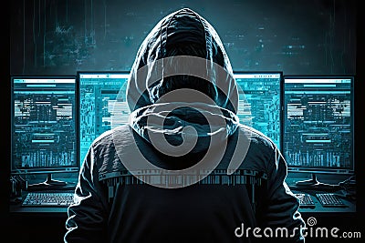 Cyber Criminal Hacking System, Hacker At Monitors Back View - Generative AI Stock Photo