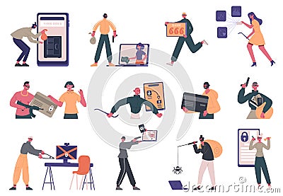 Cyber criminals. Hacker criminal characters, data stealing, internet fraud and security system hacking vector Vector Illustration