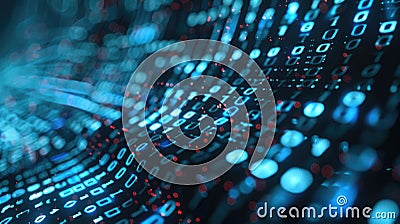 Cyber data in abstract digital space, lights and code as dark blue information background. Theme of secure network, tech pattern, Stock Photo