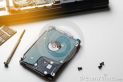 cyber data attack concept : broken laptop ,crash motherboard ,memory hard disk electronic hardware problems Stock Photo