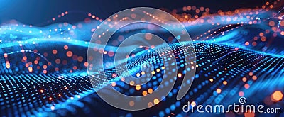 Cyber data in digital space, blue network surface abstract background. Dots, lights and lines of secure technology in dark neon Stock Photo