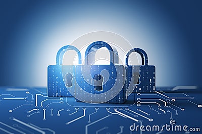 Cyber data, privacy and network protection concept with front view on blue padlocks binary code printed on blue surface with Stock Photo