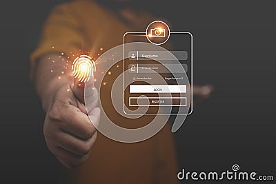 Cyber data protection, data privacy, Businessman scan fingerprints to login security, and enter password to access private data Stock Photo