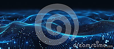 Cyber data surface, abstract technology background, blue wavy digital space with grid. Concept of network, future, secure connect Stock Photo