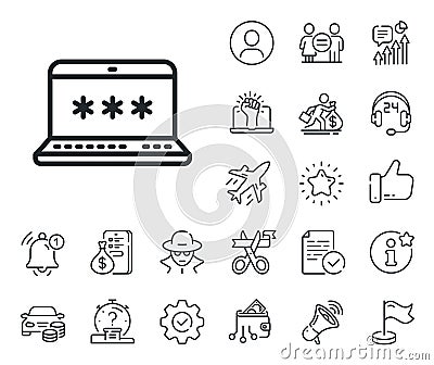 Laptop password line icon. Cyber defence sign. Salaryman, gender equality and alert bell. Vector Vector Illustration